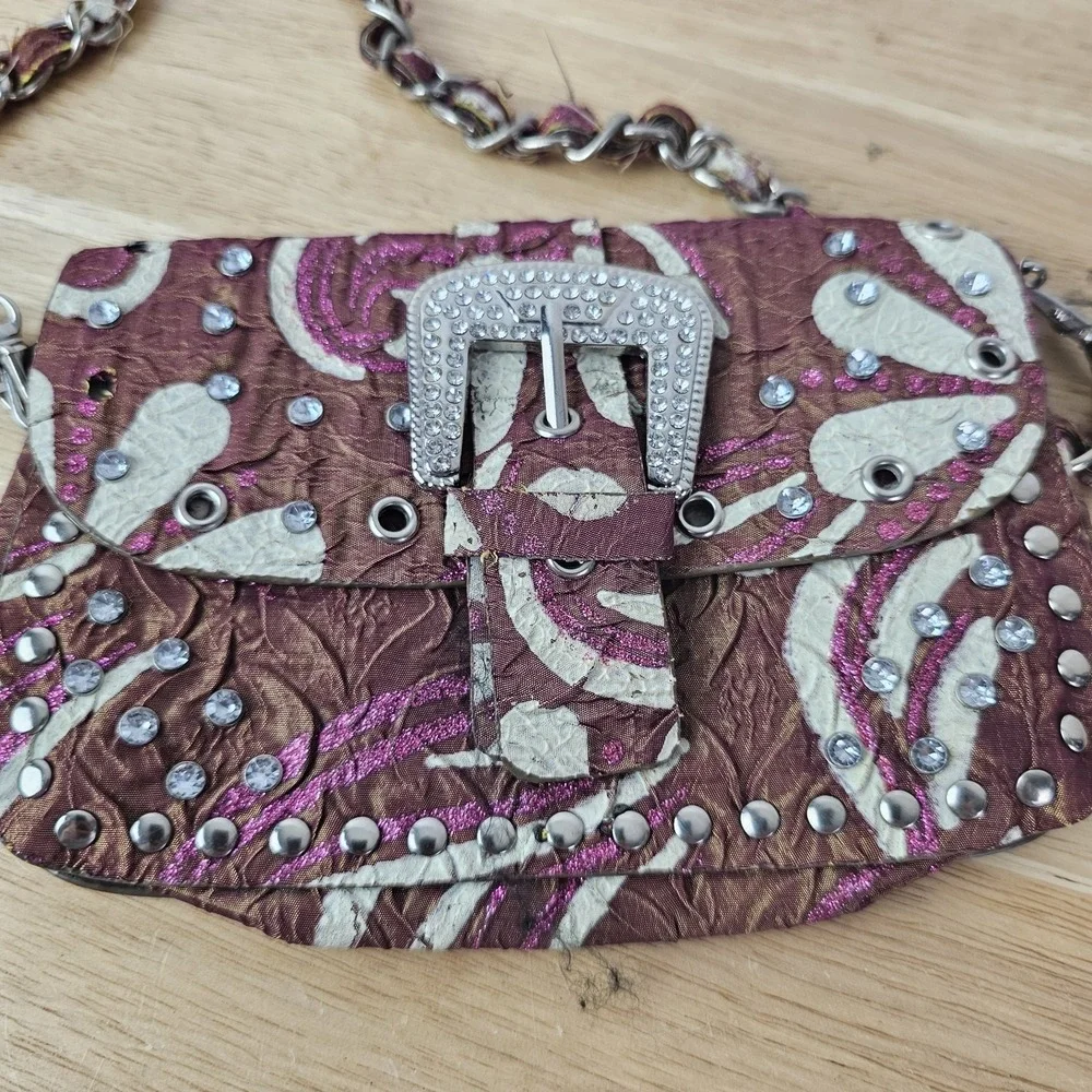 Mini Crossbody‎ Bag Brown Pink Boho Western Rhinestone Studded Chain Purse